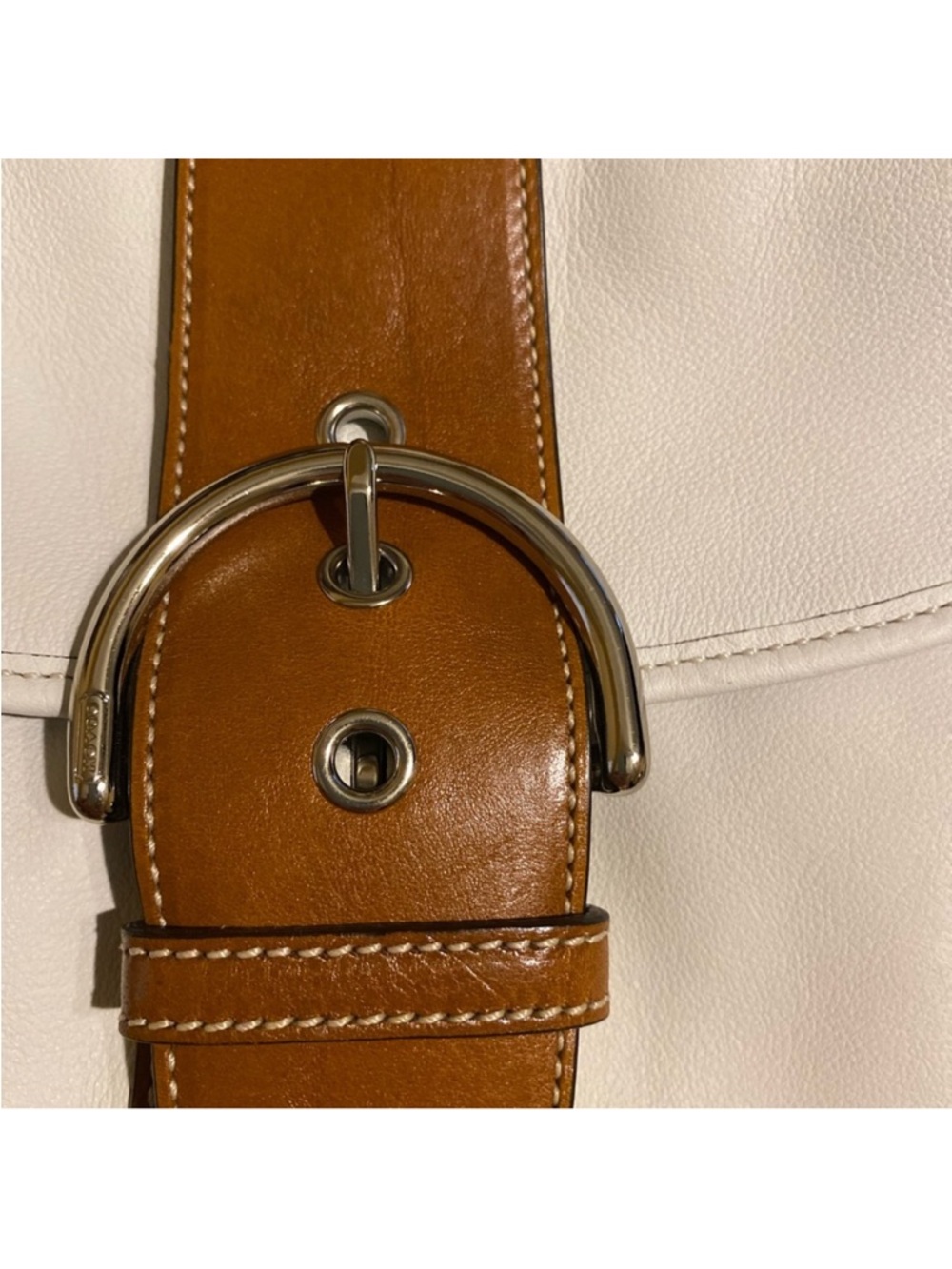 Coach White SoHo Leather Shoulder Bag with Brown Trim and Buckle - Picture 6 of 14